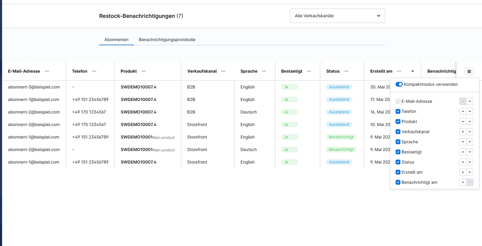 Abonnentenverwaltung in der Administration