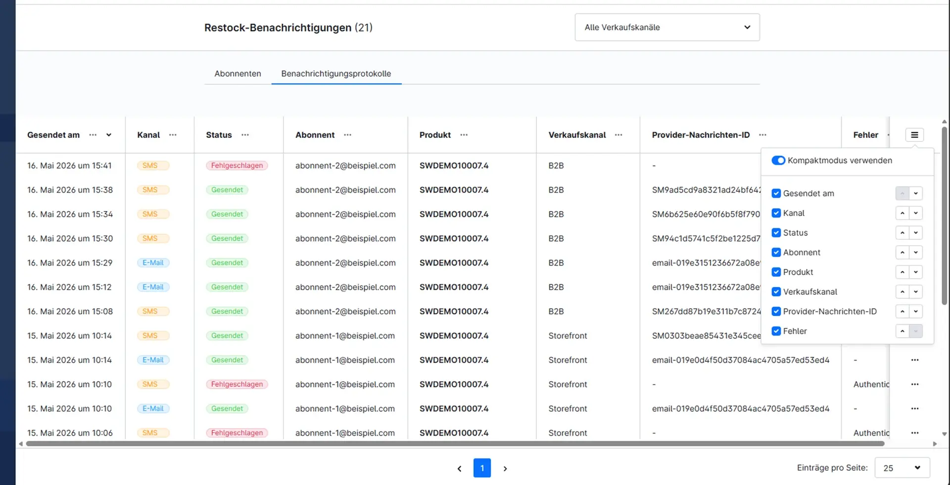 E-Mail- und SMS-Benachrichtigungsprotokolle in der Administration