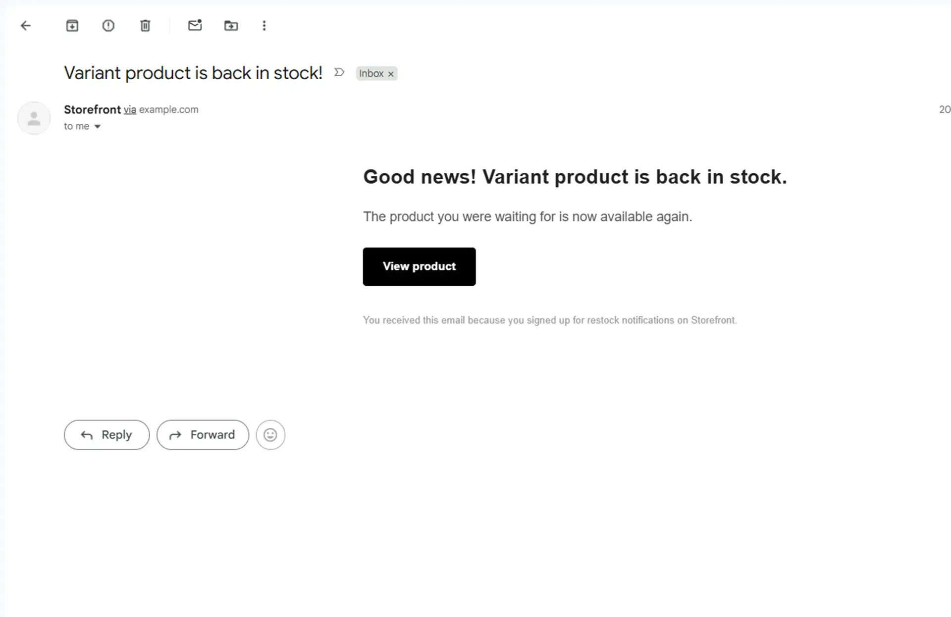 Example back-in-stock notification email