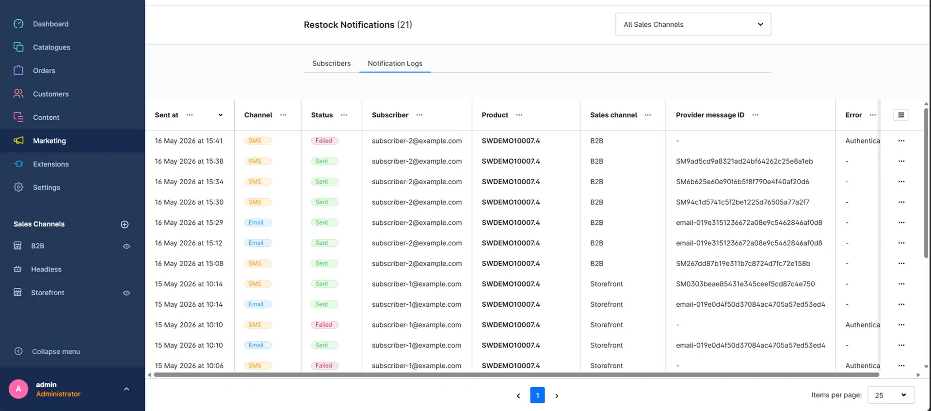 Email and SMS notification logs in the administration