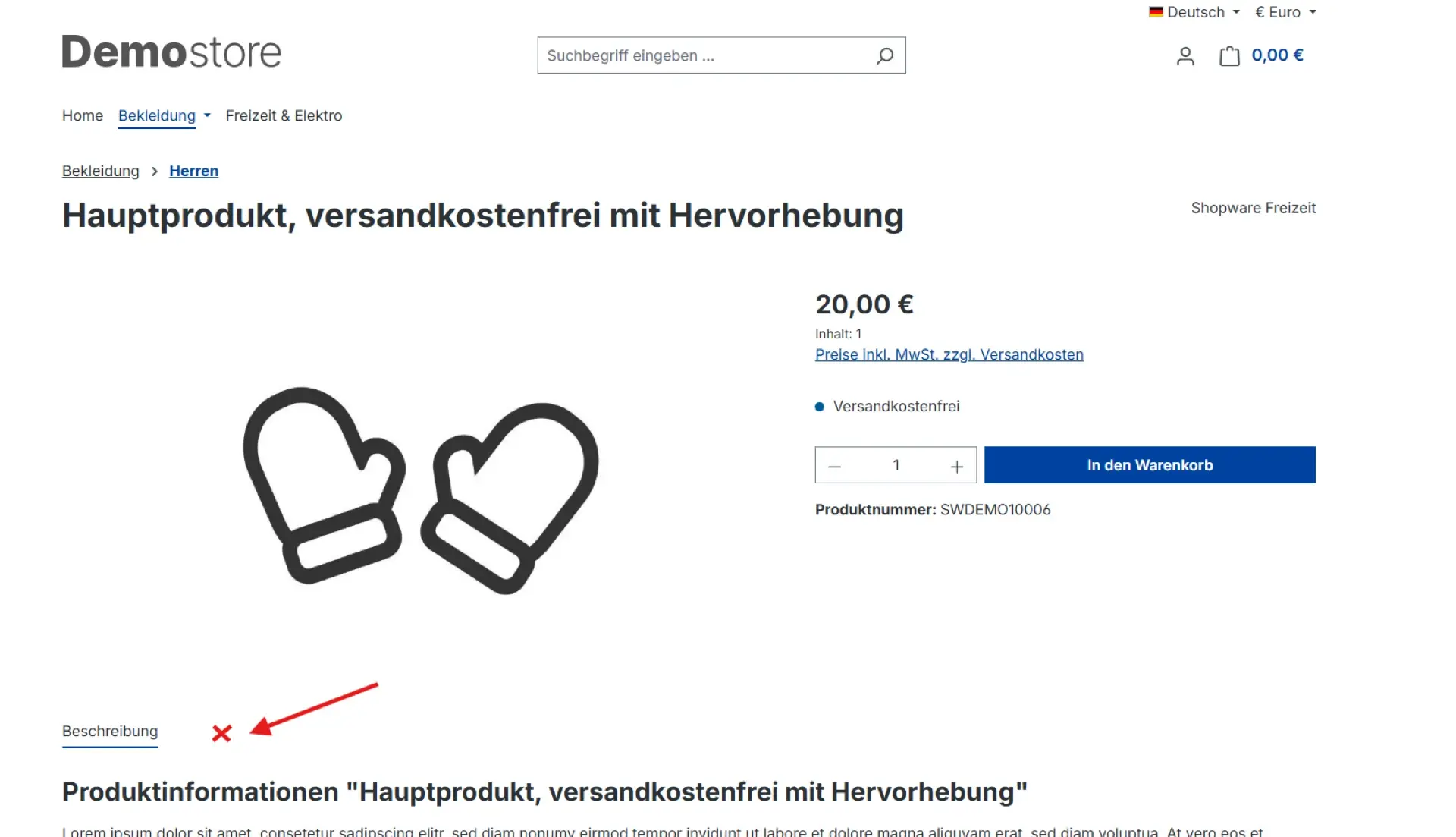 Produktdetailseite mit ausgeblendetem Bewertungs-Tab