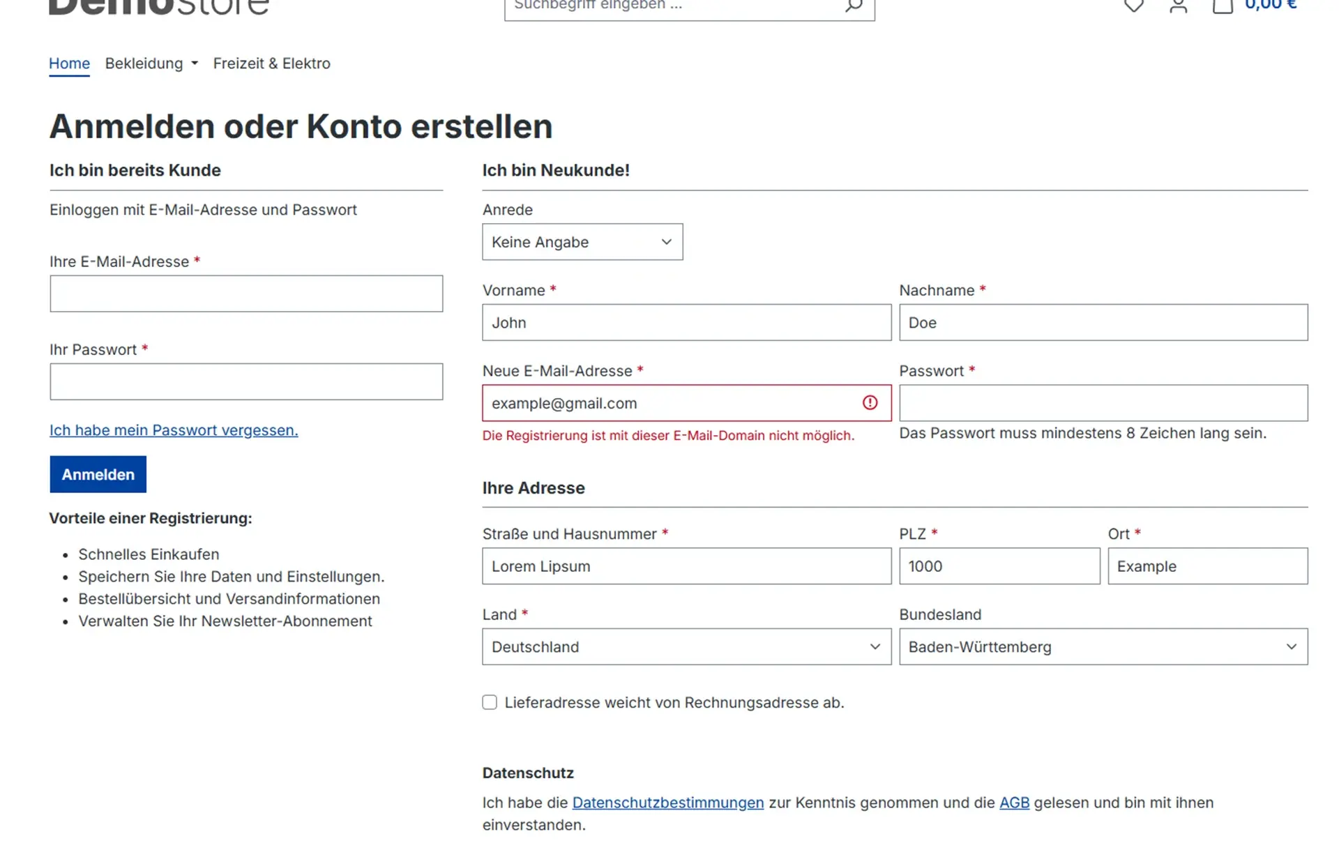 Hinweis am E-Mail-Feld bei einer gesperrten Registrierung