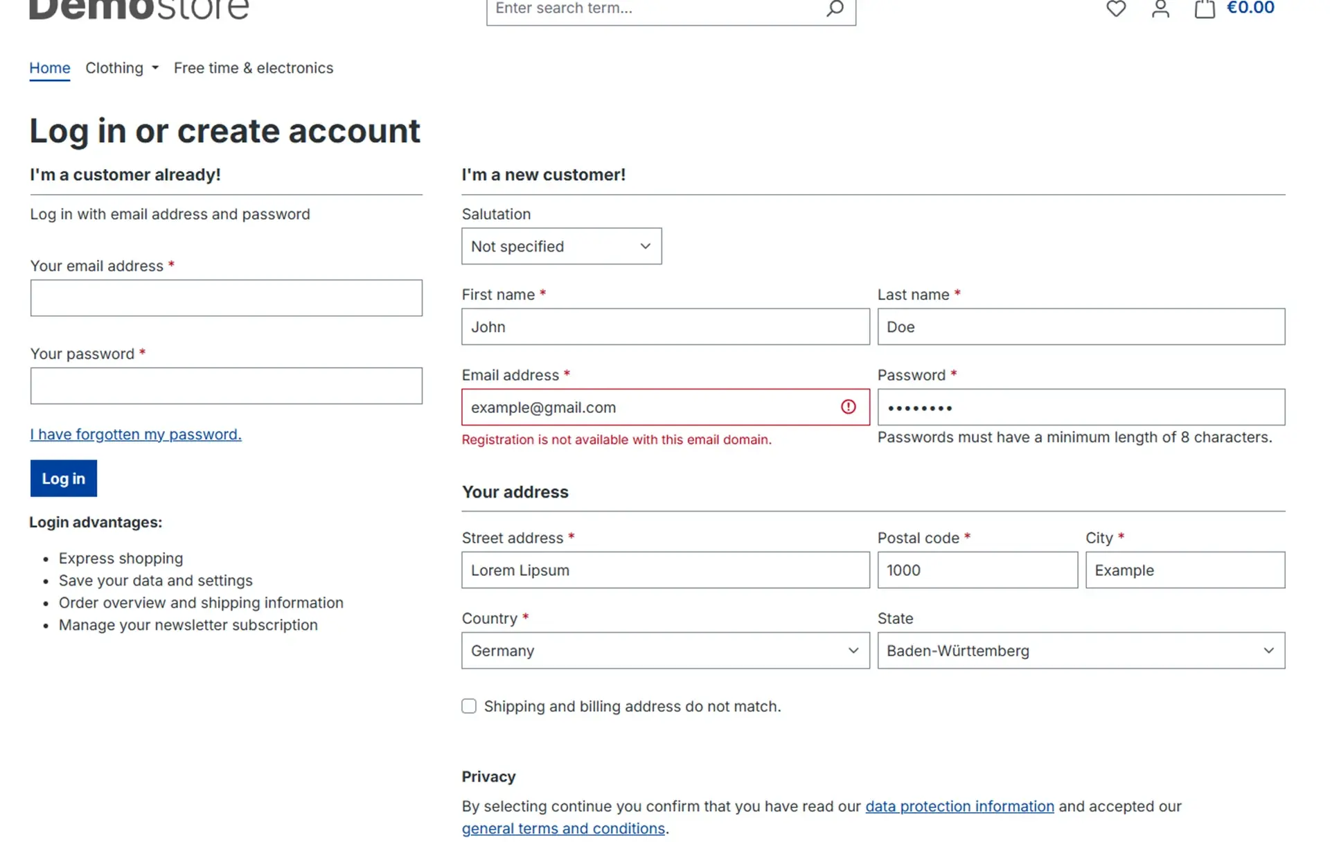 Email field feedback for a blocked registration
