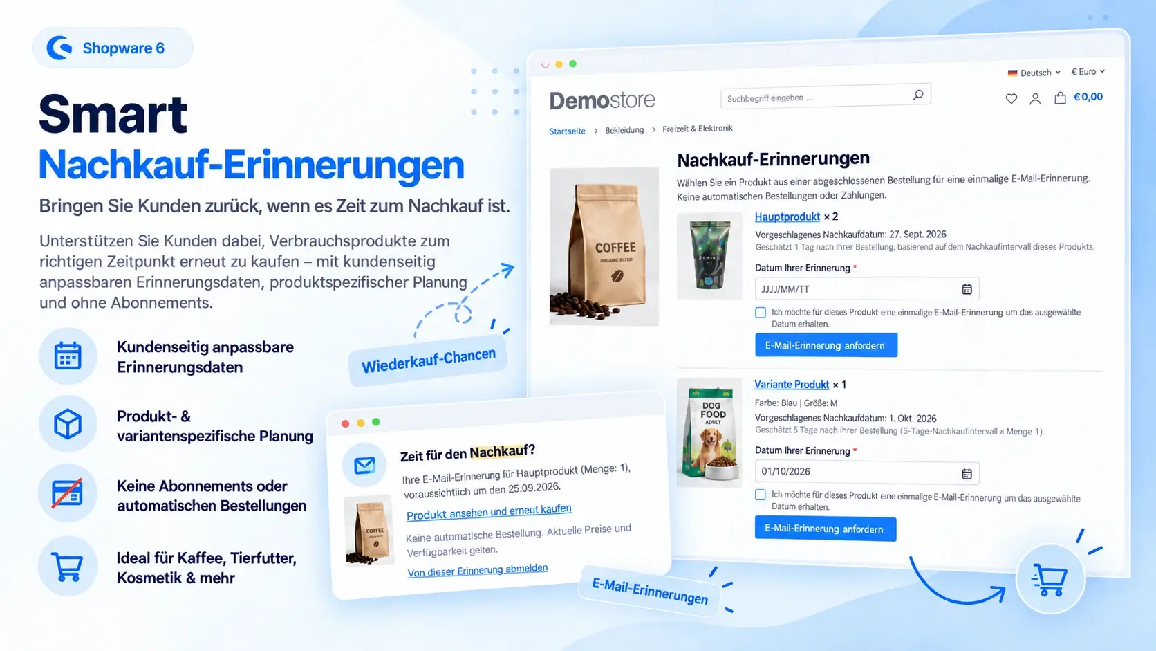 Produktgrafik: Erinnerungen im Kundenkonto und Erinnerungs-E-Mail